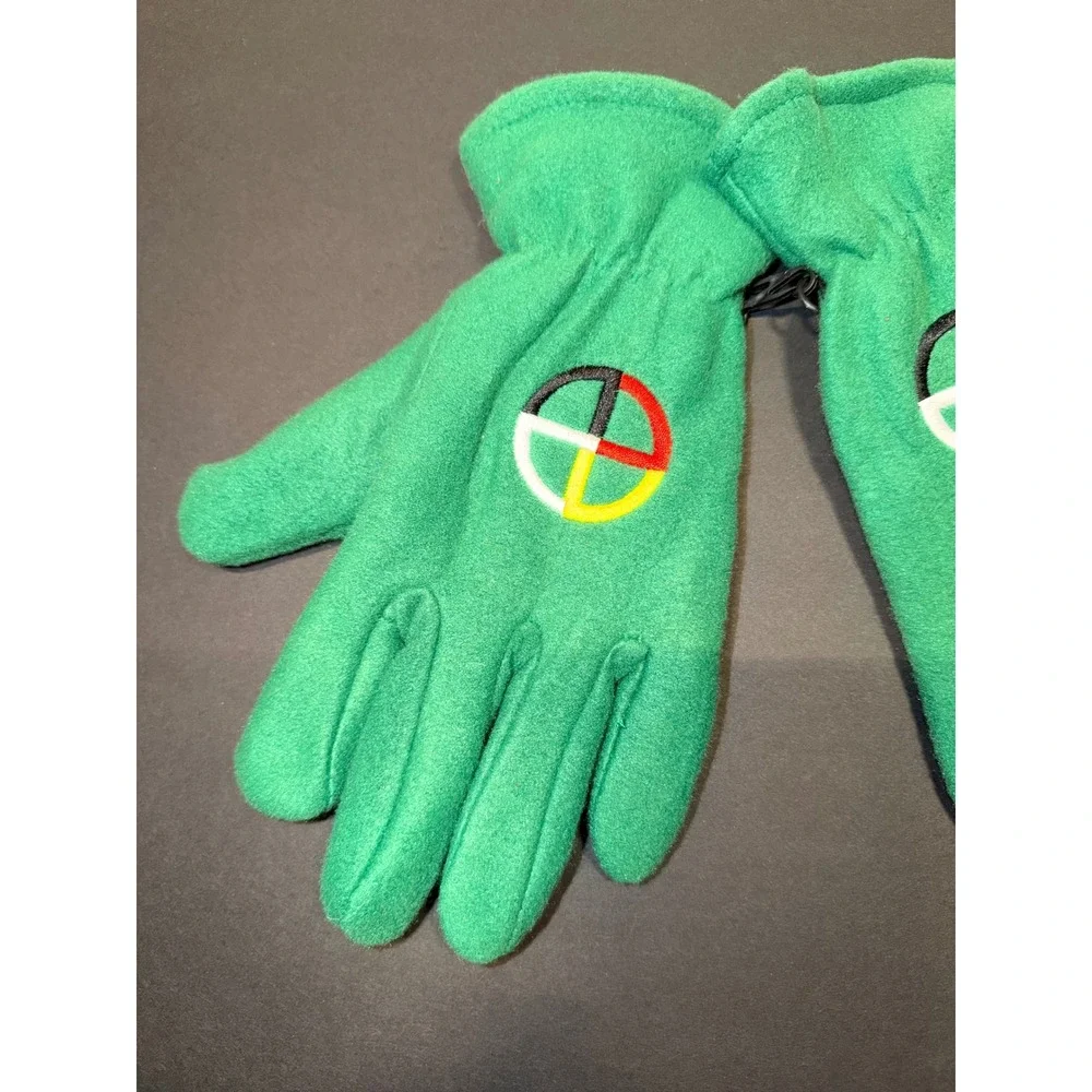 Green‎ Four Directions Fleece Winter Gloves Lakota Medicine Wheel Embroidery